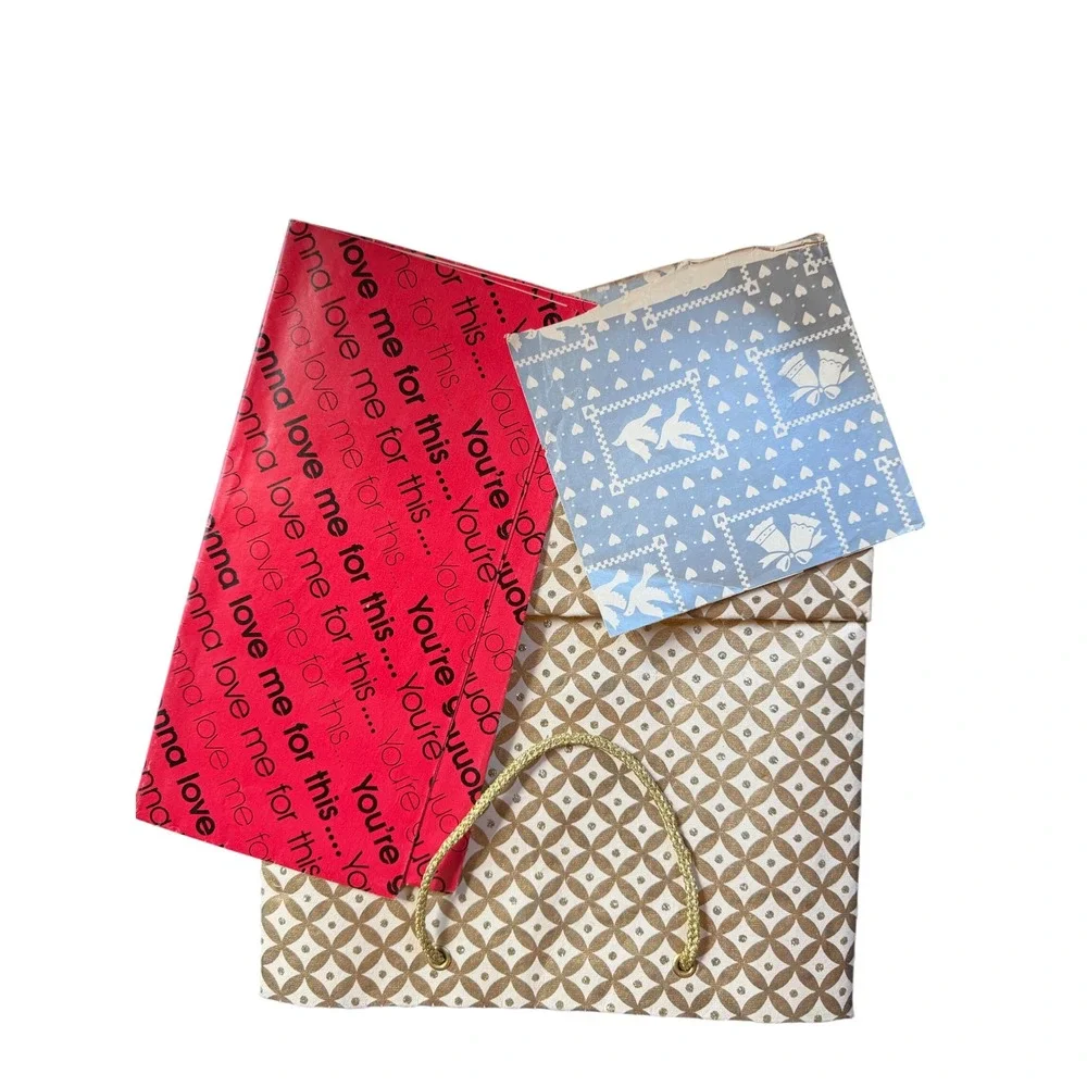 Vintage gift bag and Wrapping Paper Set Gold‎ Red Blue Pattern